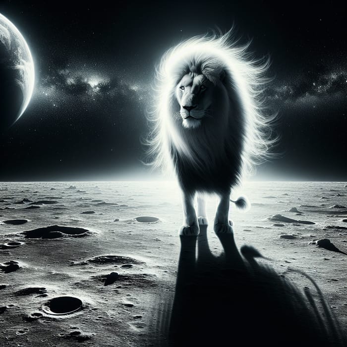 Majestic Lion on Moon: Ethereal Scene with Earthlight