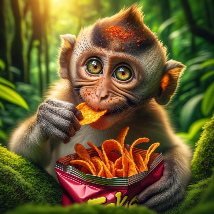 Playful Monkey Eating Takis in Lush Jungle