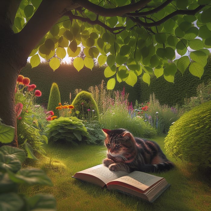 Cat Reading in Garden - A Relaxing Scene