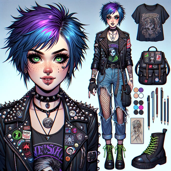 Edgy Rebellious Woman with Cyan Hair in Punk-Rock Style