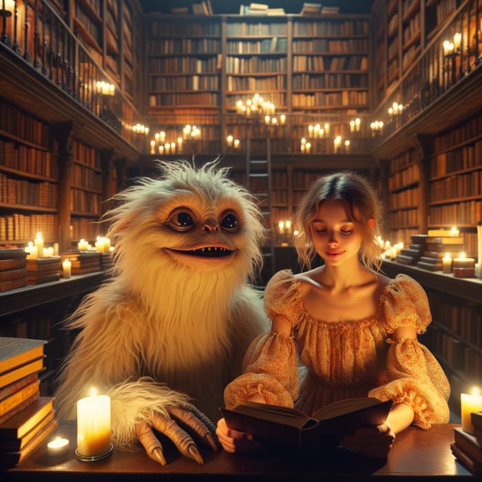 Enchanting Library Scene: Woman and Beast Immersed in Storybook World