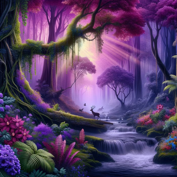 Enchanting Purple Forest Painting with Deer and Waterfalls