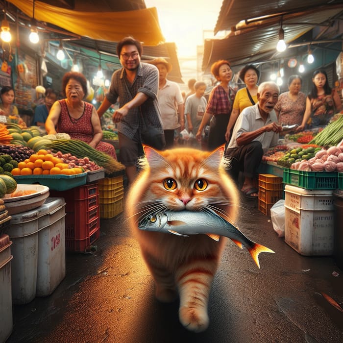 Ginger Cat Steals Fish in Vibrant Market Scene