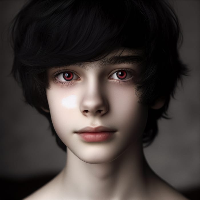 Enigmatic Pale Boy with Piercing Dark Red Eyes