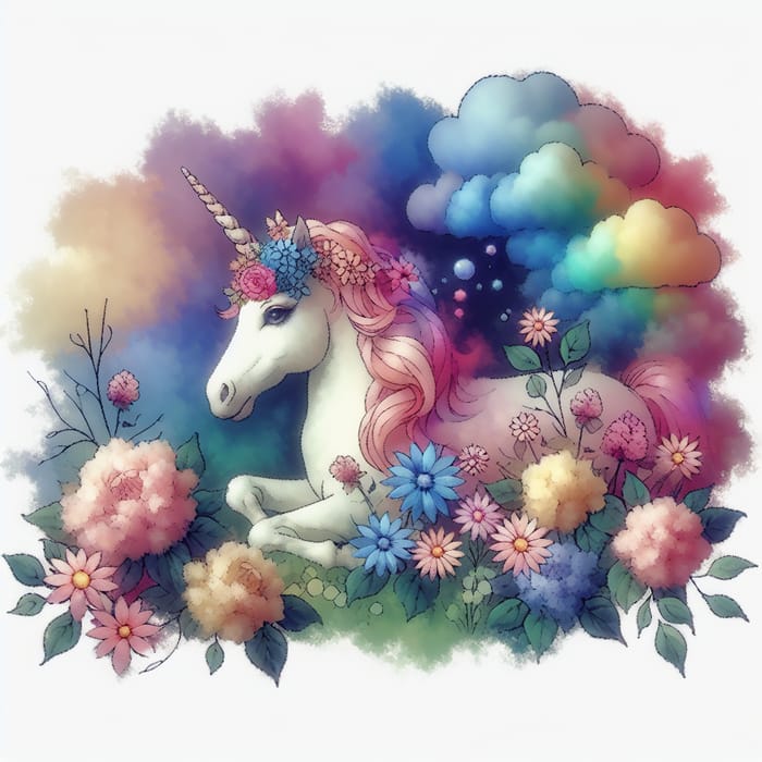 Colorful Magic Unicorn with Flowers in Watercolor Style