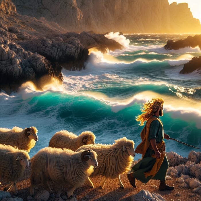 Golden-Haired Shepherd Herding Sheep by Turquoise Waves at Sunset