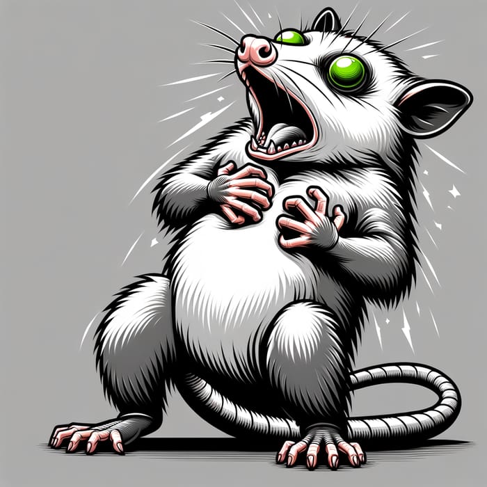 Energized Possum Caricature | Green-Eyed Heart Attack Pose