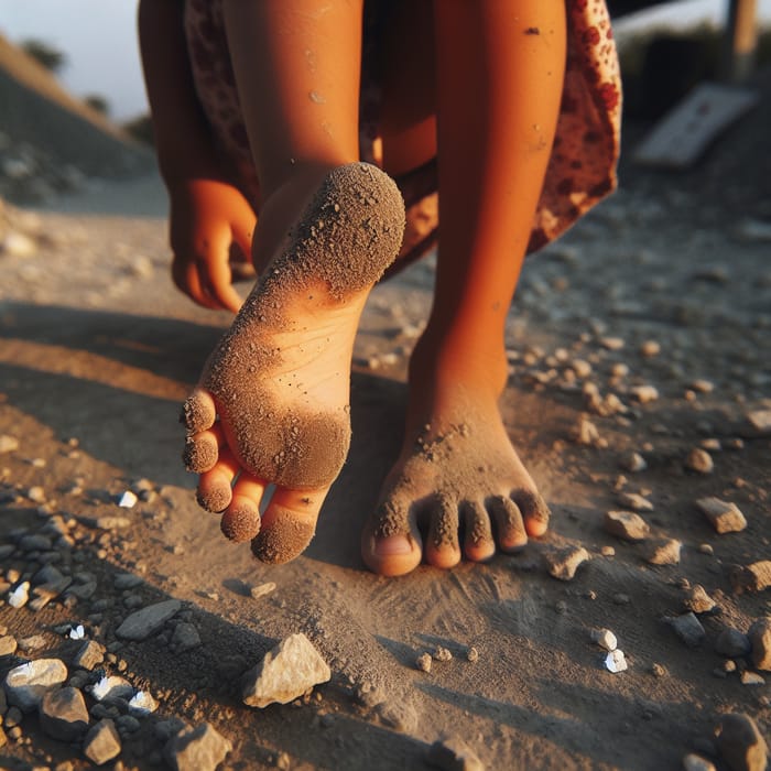 South Asian Girl Displaying Dirty Feet Walking on Gravel