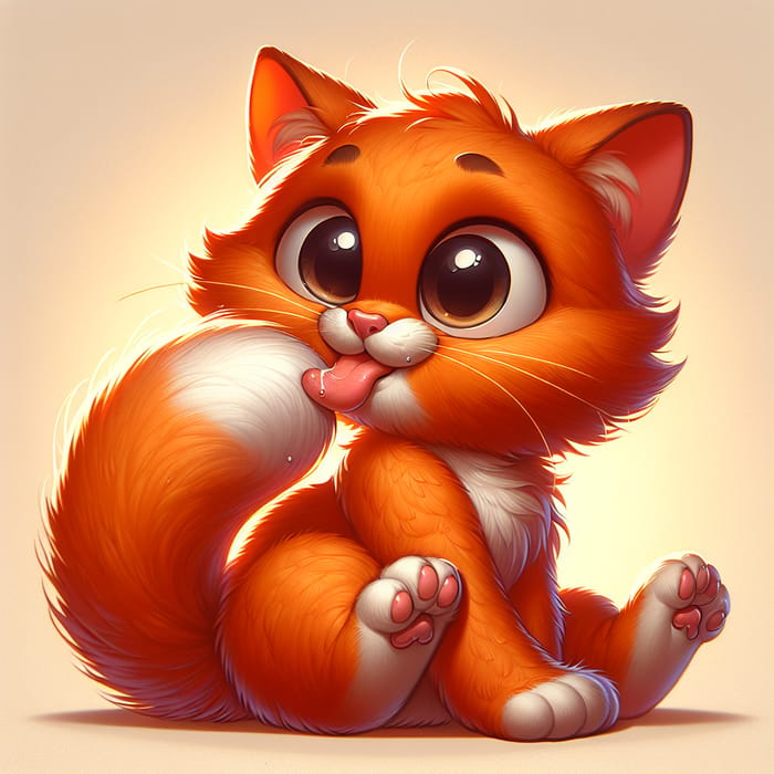 Endearing Cartoon Cat Grooming | Vibrant Orange Fur