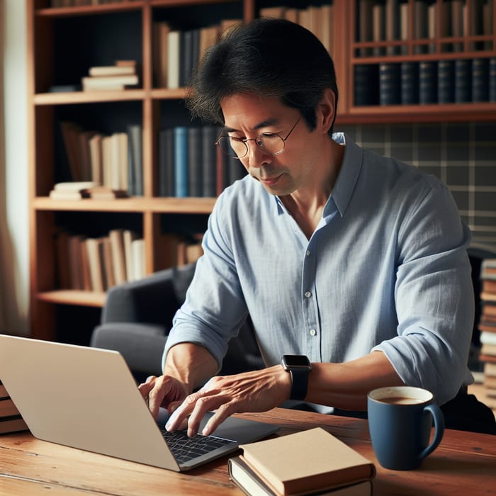 Asian Man Writing Email at Wooden Desk | Engrossed Work Environment