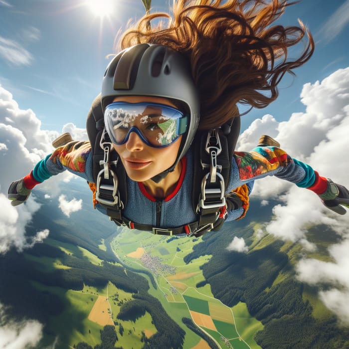 Hispanic Female Skydiver Soaring in the Vibrant Sky