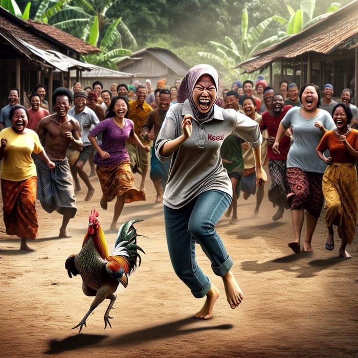 Vibrant Scene of Indonesian Woman Chasing Chicken in Rural Village