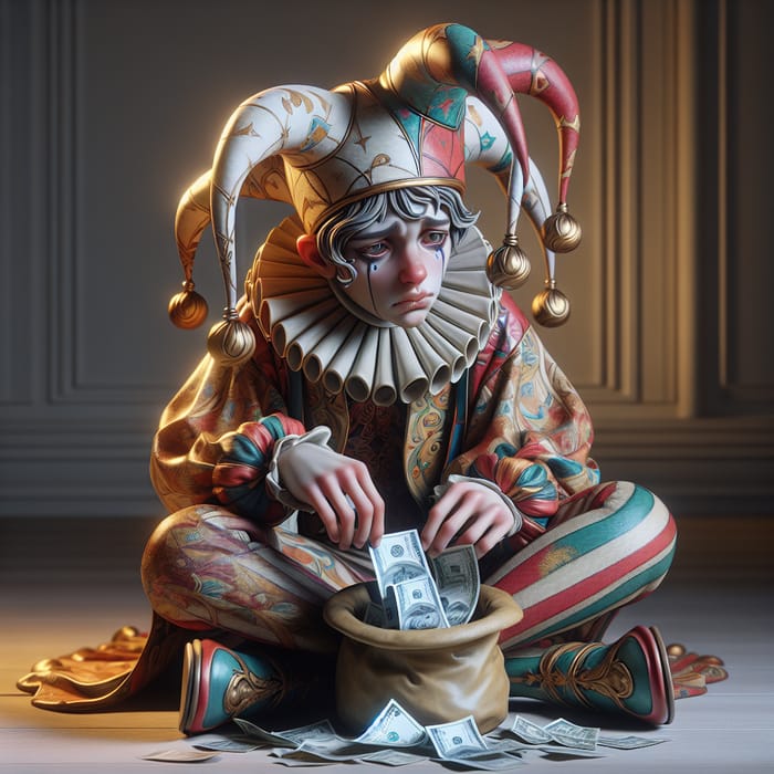 Melancholic Jester Holding Money Hat | Colorful Costume