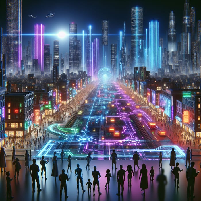 Futuristic Cityscape with Human-AI Integration | Cyberpunk Neon Lights