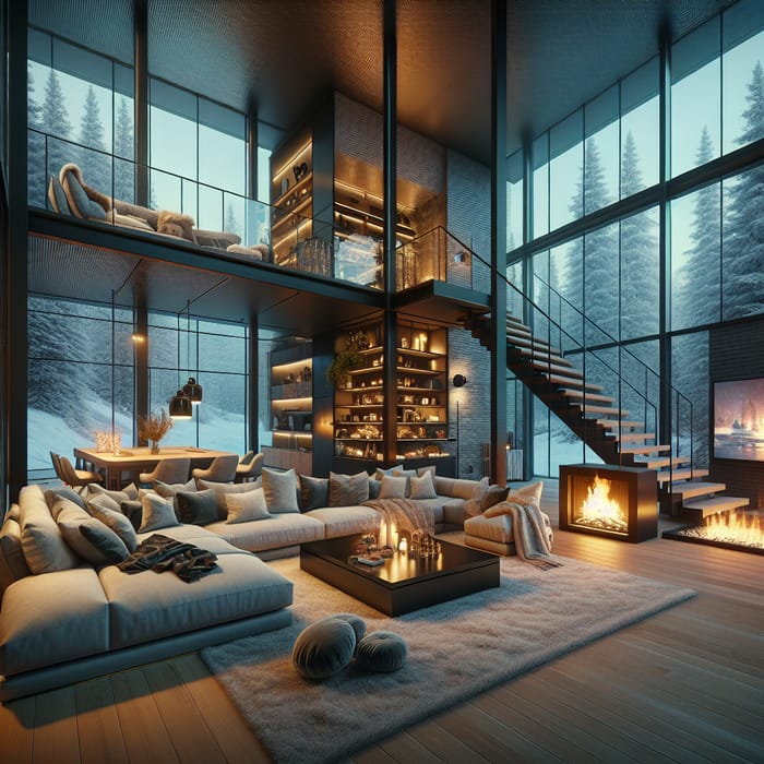 ai generating photo of Cozy living room with blue couch, fireplace, wood  beams, and large windows.