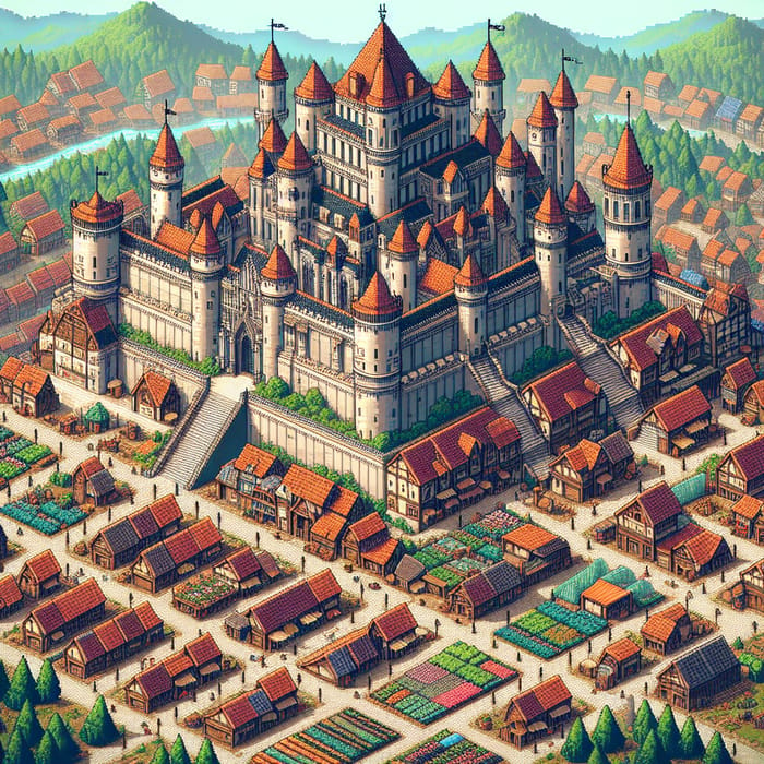 Medieval Castle atop Hill: Pixel Art Village Explorations