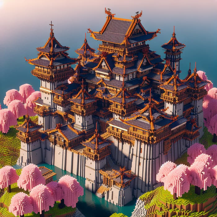 Grand Medieval Castle with Sakura Trees in Minecraft 1.20