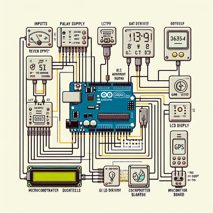 Block Diagram of Inputs: Powersupply, Relay Driver, LCD Display, GPS & GSM to Arduino
