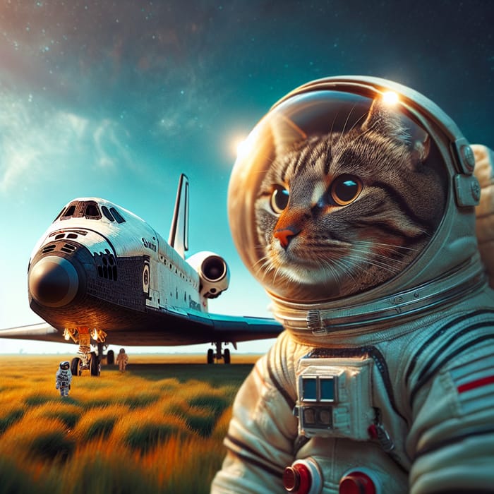Cat in Astronaut Suit with Space Shuttle in Background