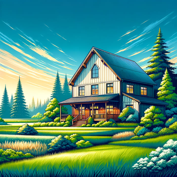 Create Panel-Frame Barnhouse Amidst Greenery and Blue Sky