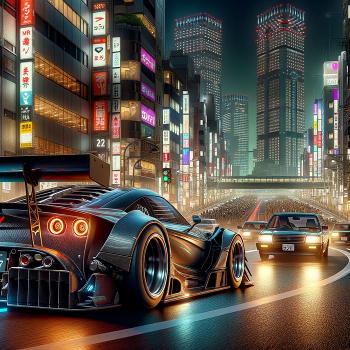 Intense Tokyo Night Race: Tuned Nissan GT-R Overtaking with Cityscape