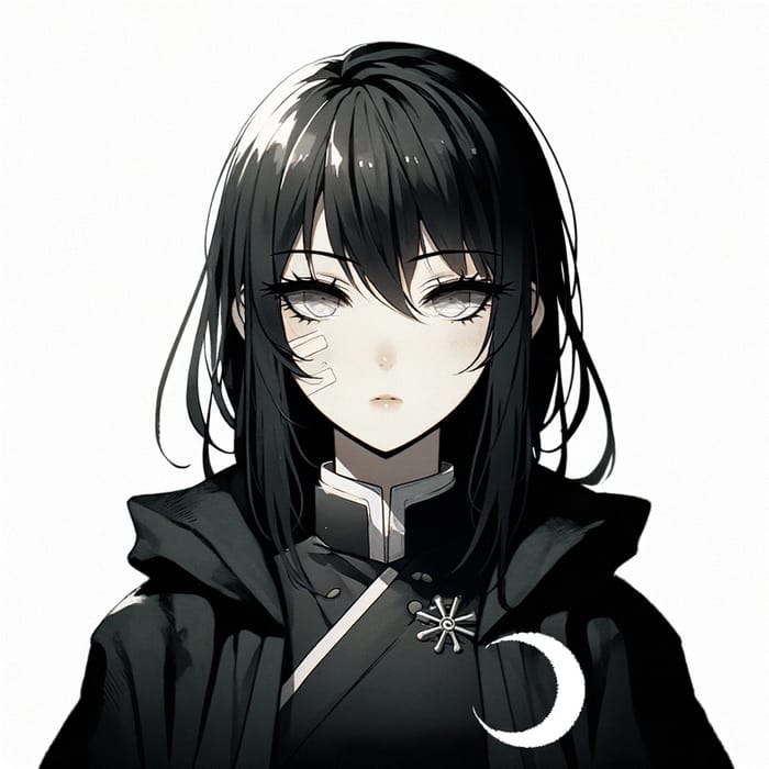 Kagami - Mysterious Beauty with Black Hair, Silver Eyes, and Crescent Moon Coat
