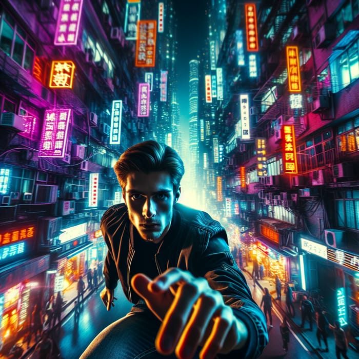 Young Man in Dynamic Cyberpunk City: Vibrant Neon Colors