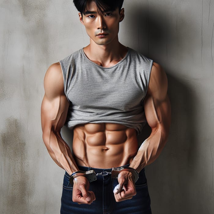 Handcuffed Six-Pack: Muscular Asian Man Displaying Abs