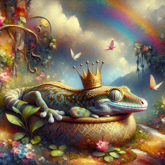 Whimsical Fantasy Painting of Male Gecko Napping with Golden Crown
