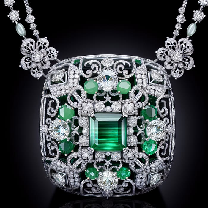 Luxurious Diamond and Jade Necklace with Cubic Filigree