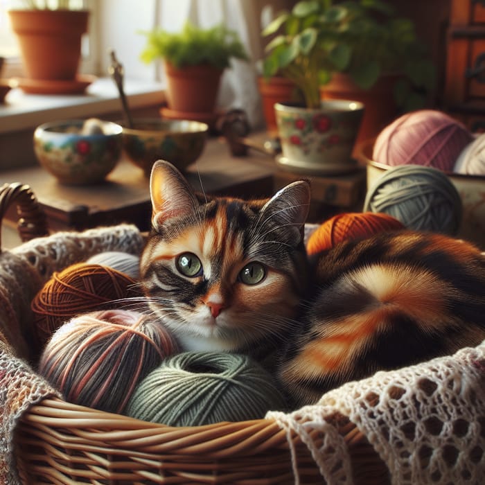 Adorable Cat in Cozy Yarn Basket