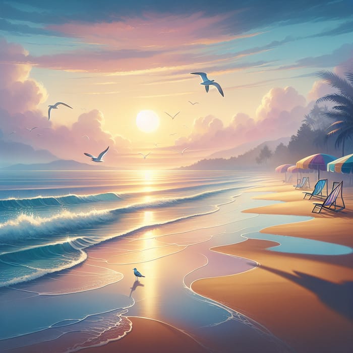 Serene Beach Mornings: Sunrise Glow, Seagulls & Beach Vibes