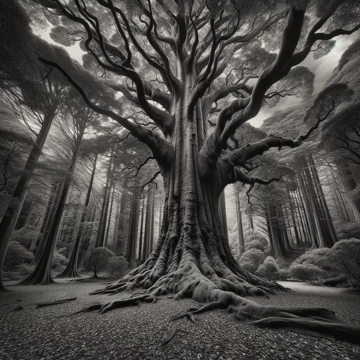 Majestic Totara Tree in Monochrome: Towering Serenity Majestic Totara Tree in Monochrome: Towering Serenity