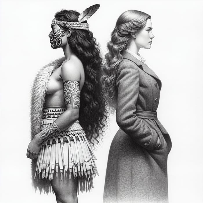 Maori and British Girls Sketch - Cultural Unity in Black and White