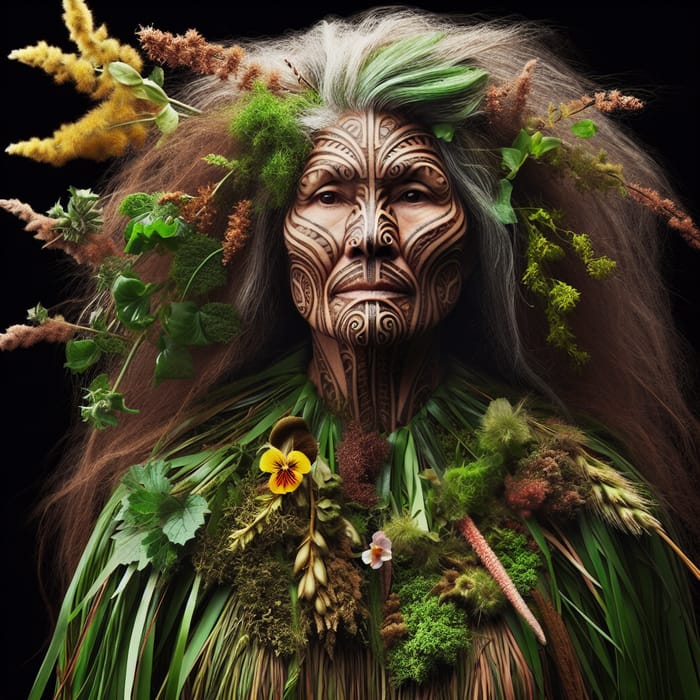 Papatuanuku: Earth Mother with Chin Tattoo, River Hair, and Native Flora Dress
