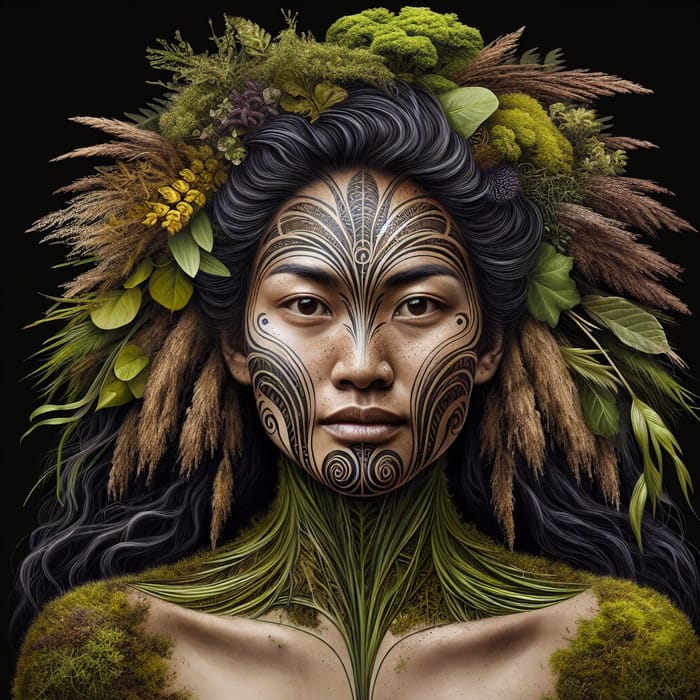 Papatuanuku, Earth Mother: Maori Goddess with Moko Kauae and River Hair