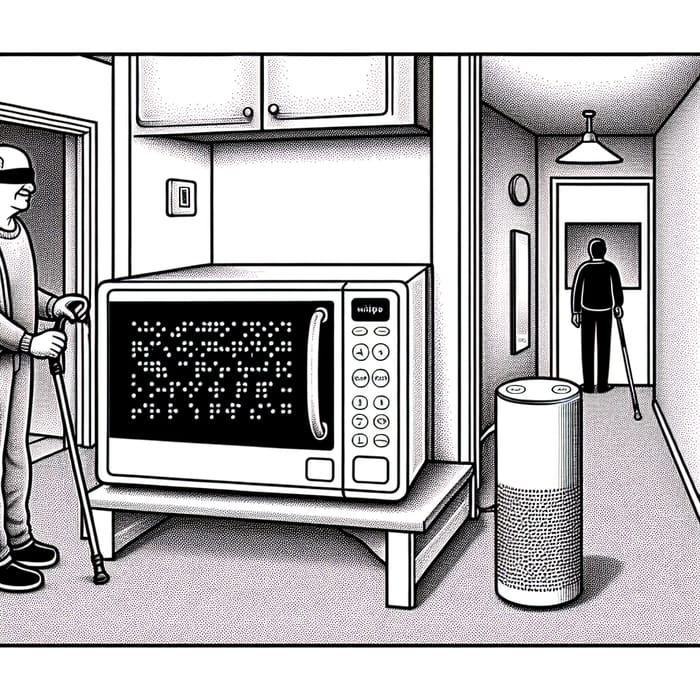 Black and White Drawing of a Blind Person in a House with Assistive Technology