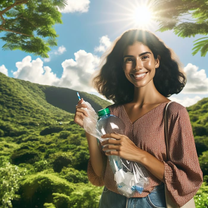 Happy Woman in Eco-friendly Apparel Enjoys Biodegradable Product in Natural Setting