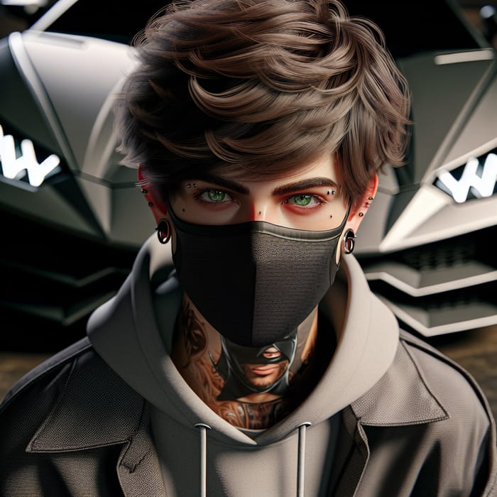 Mature Teen with Mask, Tattoos, Gray Jacket & Green Eyes, Brown Hair, Piercings, and Lamborghini in Background, 4K