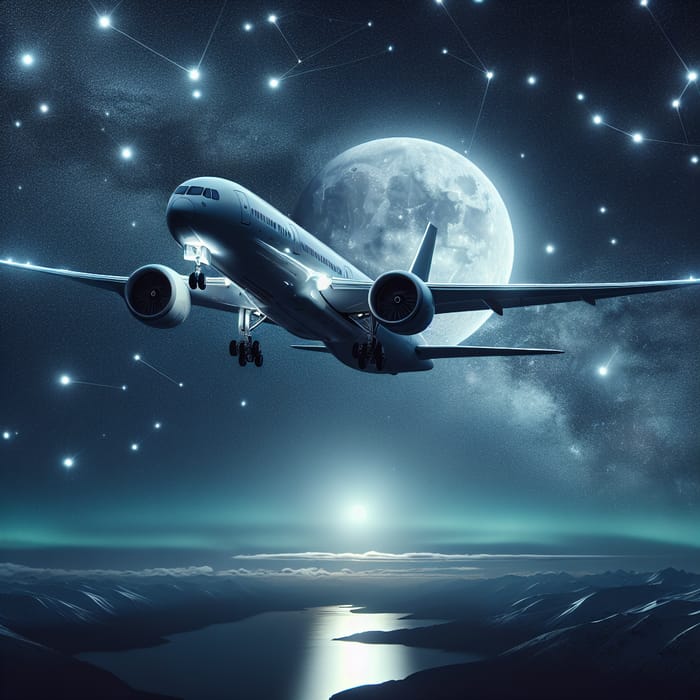 Aesthetic Airplane Soaring in Night Sky