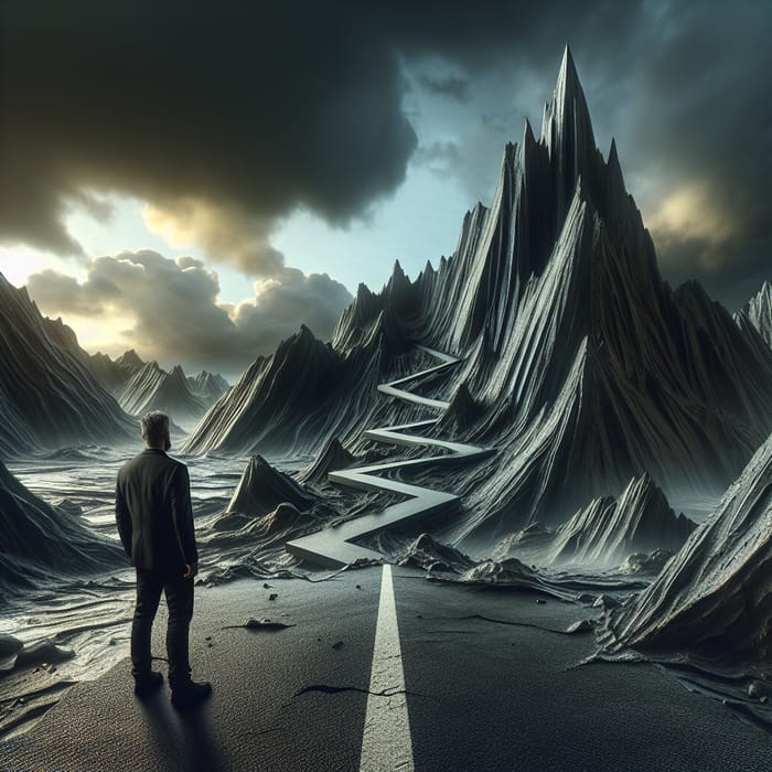Man on Edge of Perilous Road with Jagged Rock Formation