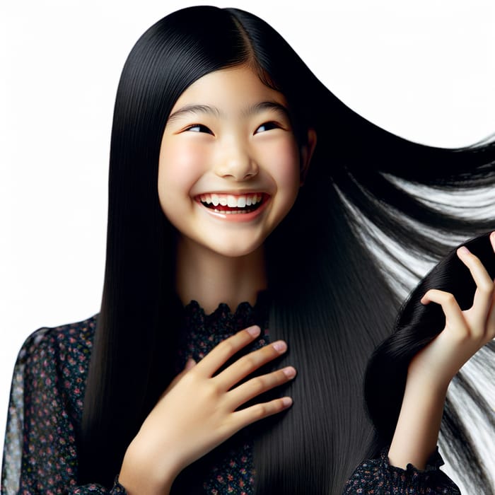 Young Japanese Girl Twirling Long Jet-Black Hair with Pure Joy