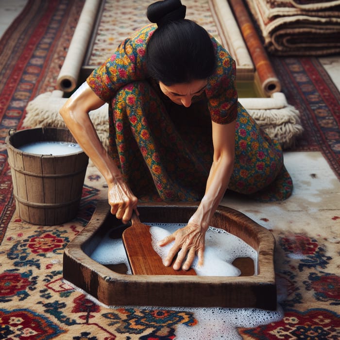 Woman Washing Large Patterned Carpet Outdoors
