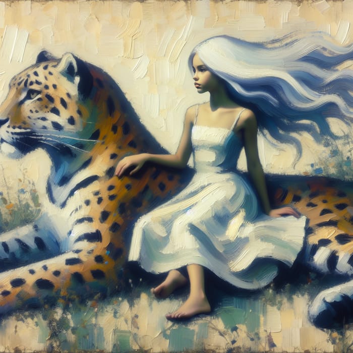 Girl with Flowing White Hair on Leopard in Artsy Pose