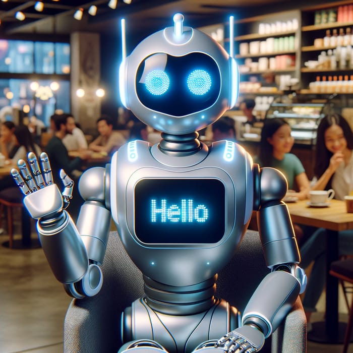 Friendly Animated Robot Saying Hello in Modern Coffee Shop