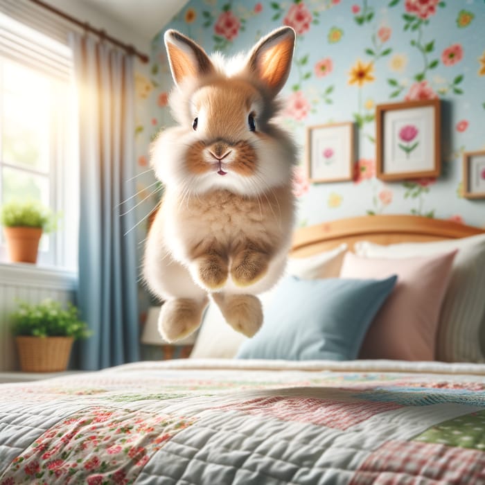 Energetic Bunny Jumping on Cozy Bed