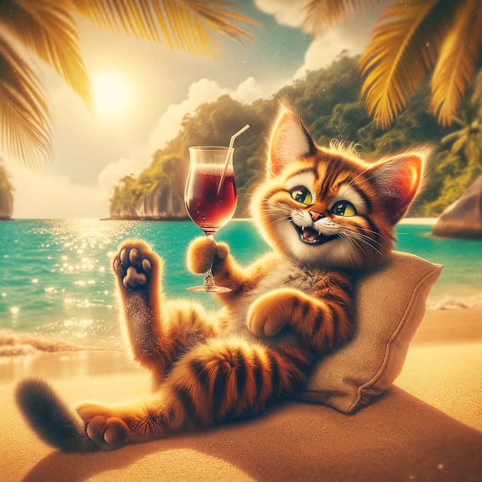 Playful Cat Lounging on Tropical Island | Nostalgic Fine Art Photography