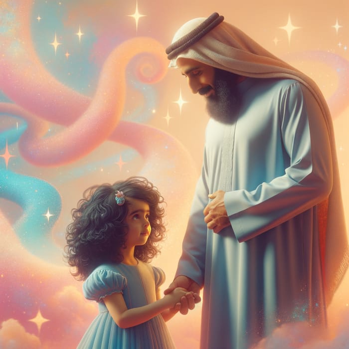Middle-Eastern Father and Daughter Hand in Hand | Tranquil Dreamy Background