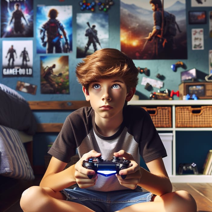 Young Boy Engrossed in Gaming