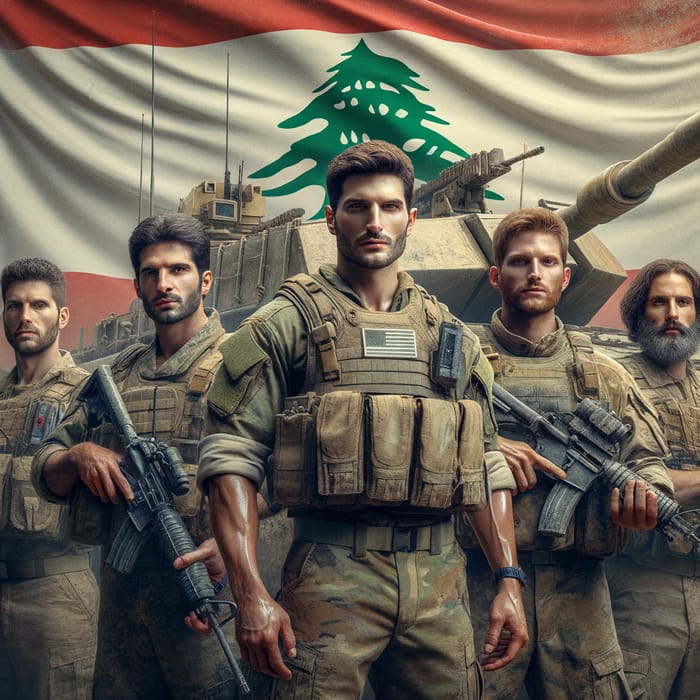 Lebanese Soldiers Raising Flag by Tank, Realistic Scene